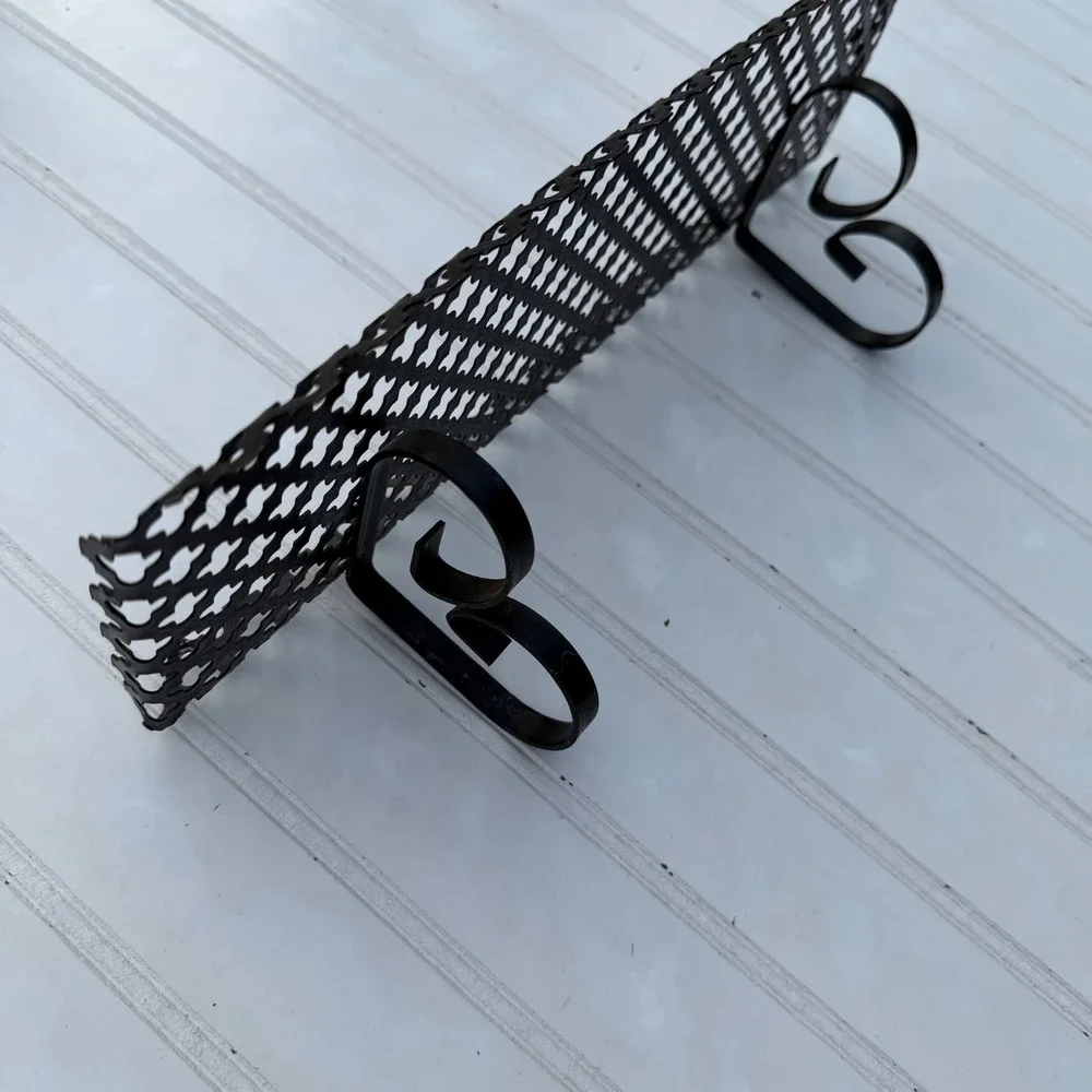 Vintage Black Wrought Iron Wall Shelf Scrollwork Brackets Perforated Metal Decor